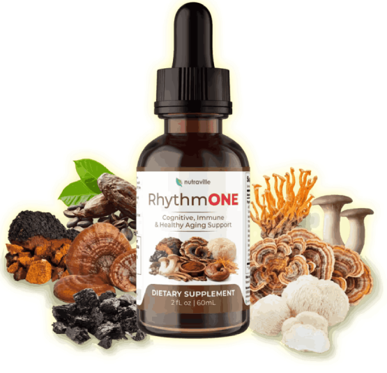 RhythmONE mushroom formula supplement bottle for brain health and memory support